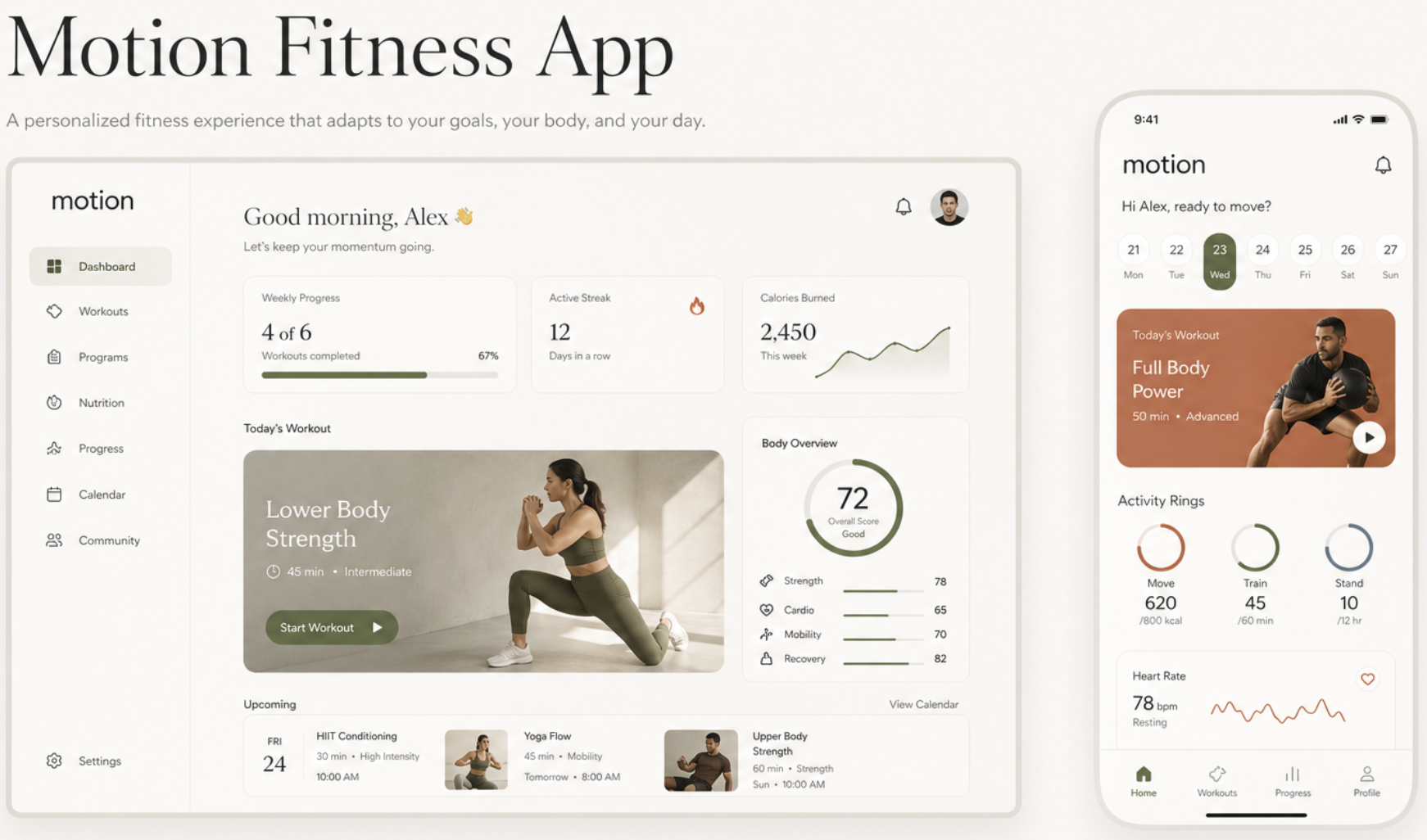 Motion Fitness App showcase — dashboard and mobile screens
