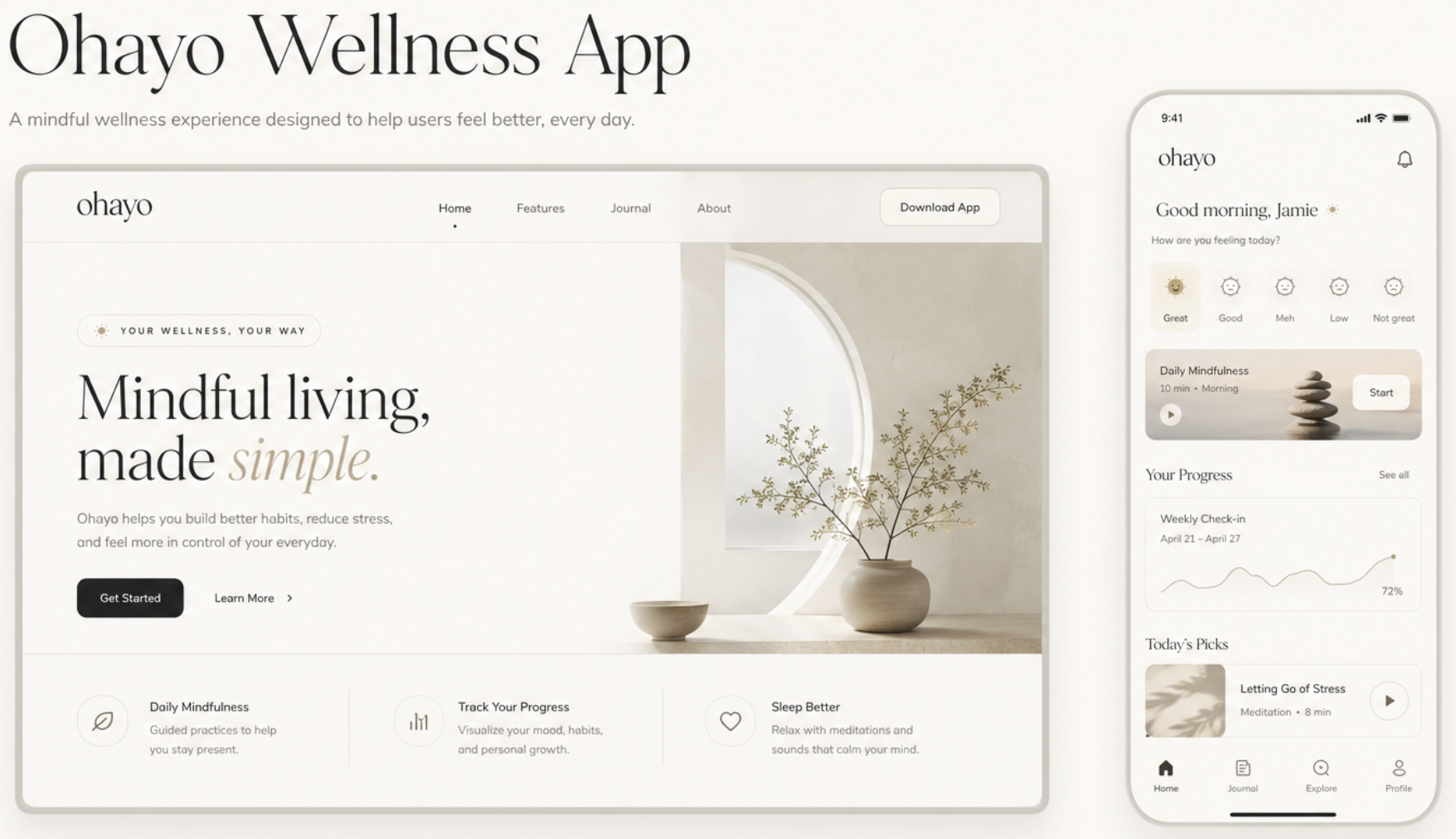 Ohayo Wellness App showcase — desktop and mobile screens